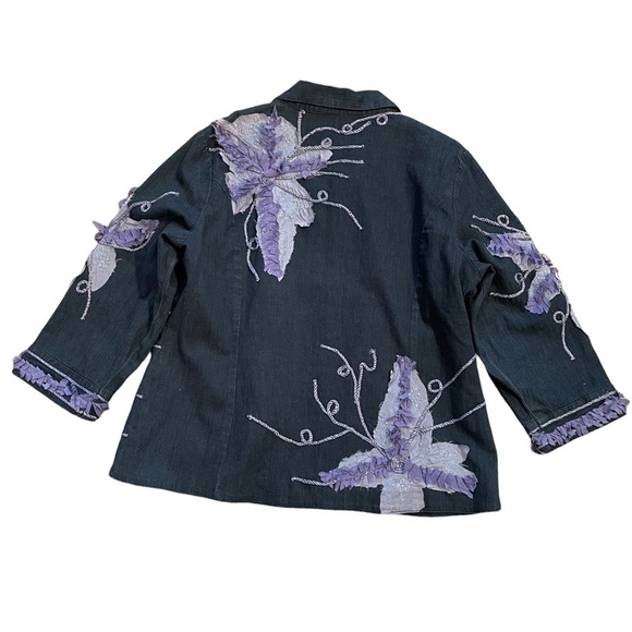 Bleu Bayou Dark Blue Embellished Open Jacket with Flower Appliques Art to Wear L - Picture 4 of 12